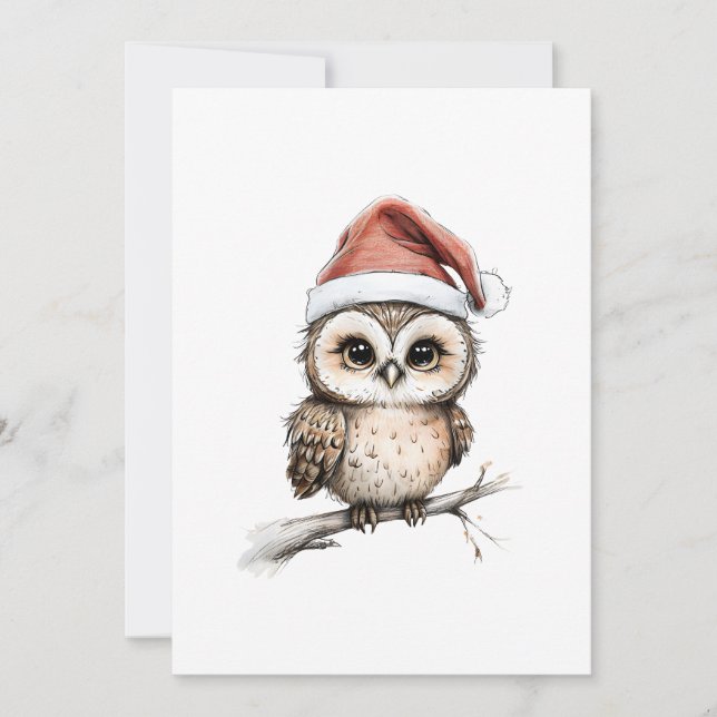 Adorable Owl in Santa Hat – Holiday Ilustration Card (Front)