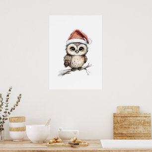 Adorable Owl in Santa Hat – Holiday Ilustration Poster