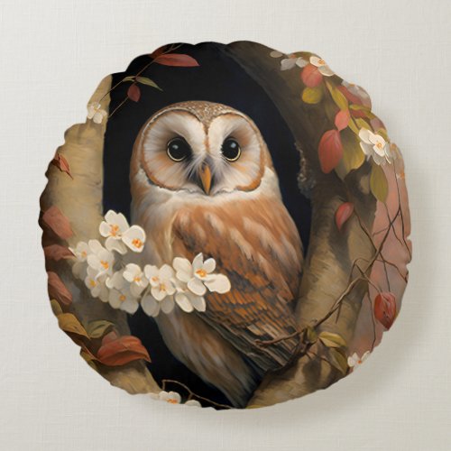 Adorable Owl Oil Painting Round Pillow