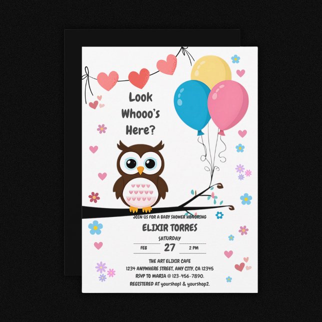 Adorable Owl with Balloons & Hearts Baby Shower Invitation (Creator Uploaded)