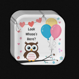 Adorable Owl with Balloons & Hearts Baby Shower Paper Plates