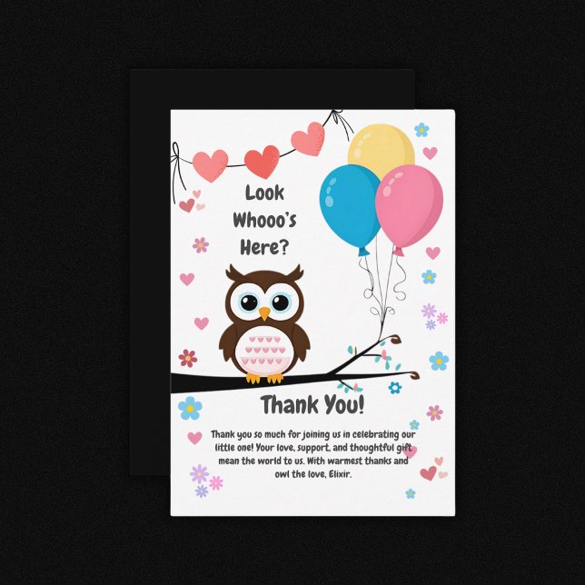 Adorable Owl with Balloons & Hearts Baby Shower Thank You Card (Creator Uploaded)