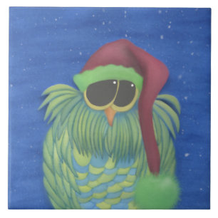 Adorable Owl with Santa Hat Ceramic Tile