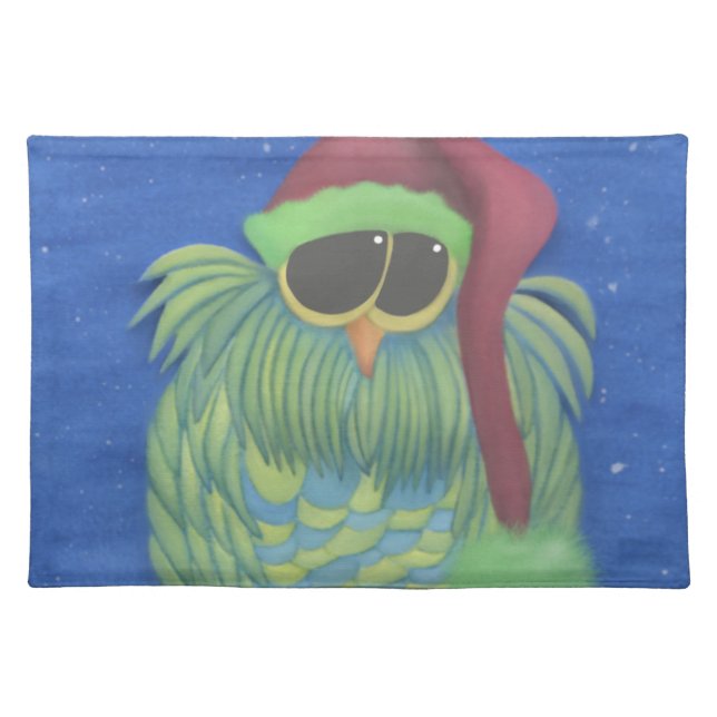 Adorable Owl with Santa Hat Cloth Placemat (Front)