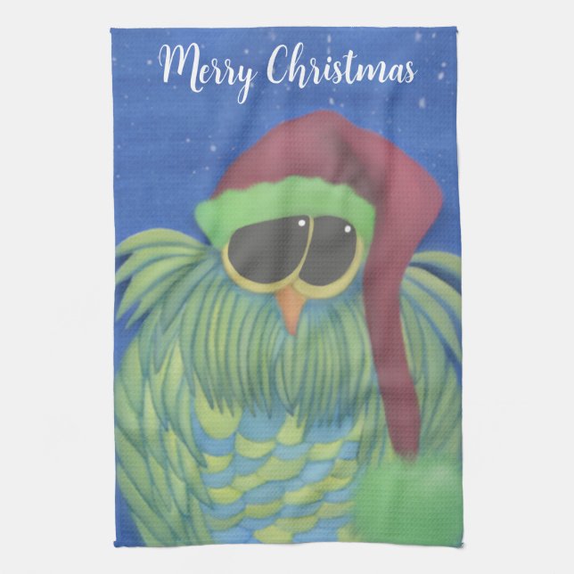 Adorable Owl with Santa Hat  Kitchen Towel (Vertical)
