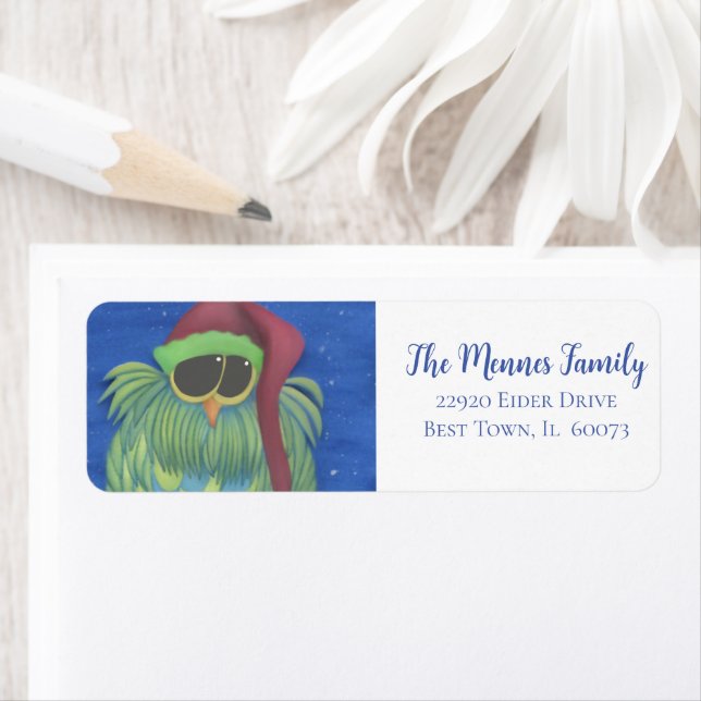 Adorable Owl with Santa Hat Label (Insitu)