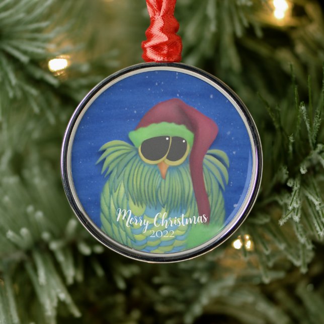 Adorable Owl with Santa Hat Metal Ornament (Tree)