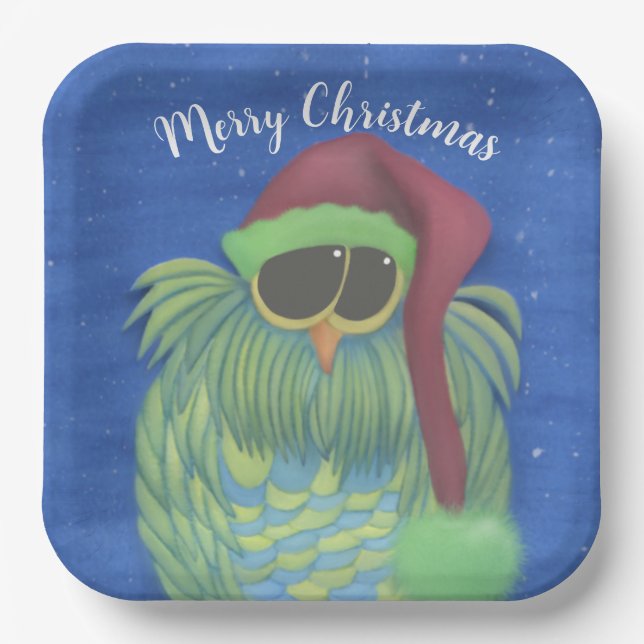 Adorable Owl with Santa Hat Paper Plates (Front)