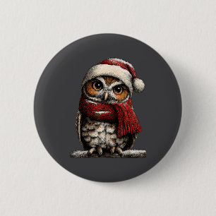 Adorable Owl With Santa Hat Snowy Winter Christmas Button