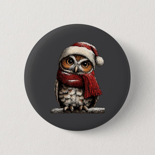 Adorable Owl With Santa Hat Snowy Winter Christmas Button (Front)