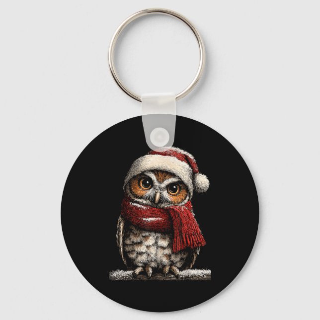 Adorable Owl With Santa Hat Snowy Winter Christmas Keychain (Front)