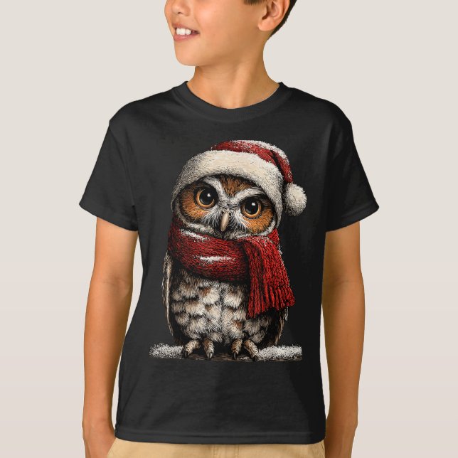 Adorable Owl With Santa Hat Snowy Winter Christmas T-Shirt (Front)