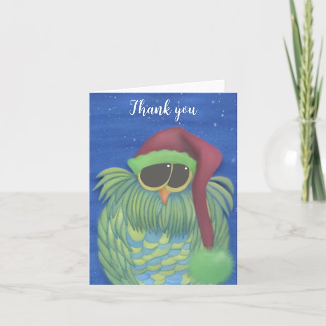 Adorable Owl with Santa Hat Thank You Card (Front)