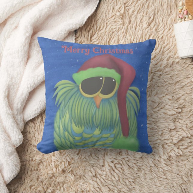 Adorable Owl with Santa Hat Throw Pillow (Blanket)