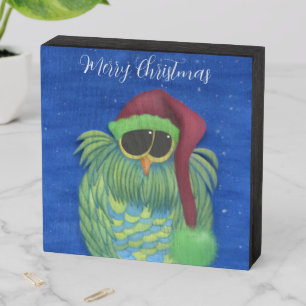 Adorable Owl with Santa Hat Wooden Box Sign