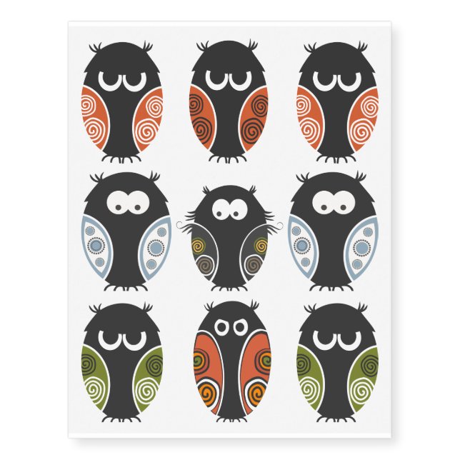 Adorable Owls Illustrations Set Temporary Tattoos (Front)