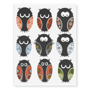 Adorable Owls Illustrations Set Temporary Tattoos