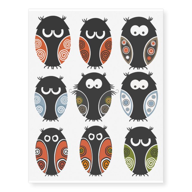 Adorable Owls Illustrations Set Temporary Tattoos (Front)