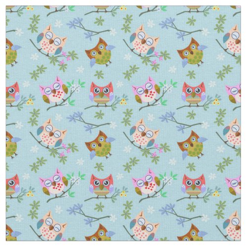Adorable Owls on Blue Background Fabric