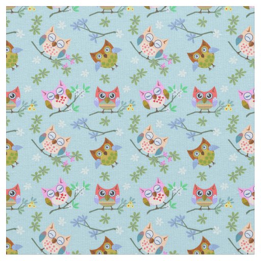 Adorable Owls on Blue Background Fabric