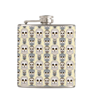 Adorable Owls Pattern on Light Yellow Background Flask