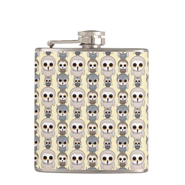 Adorable Owls Pattern on Light Yellow Background Flask (Front)
