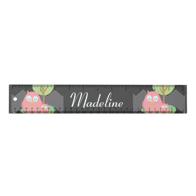 Adorable Owls Pink Animal Bird Name Ruler (Front)
