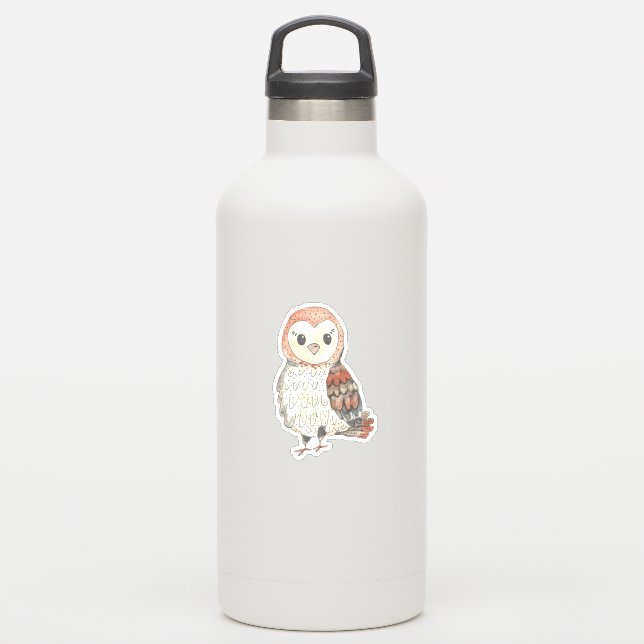 Adorable Painted Watercolor Barn Owl Sticker (Waterbottle)