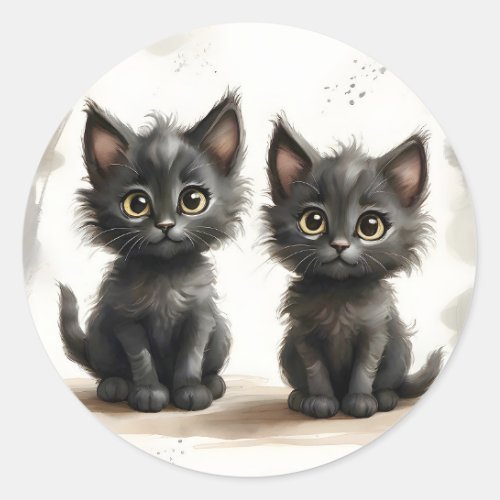 Adorable Pair of Black Kitties Friends Portrait  Classic Round Sticker