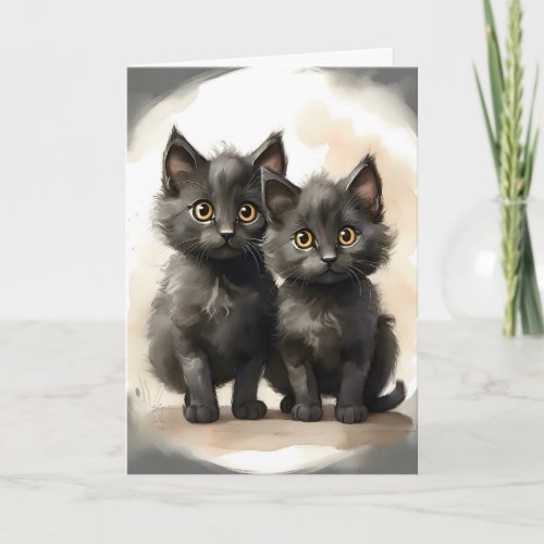Adorable Pair of Black Kitties Portrait Siblings Card