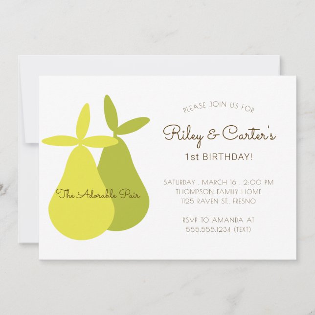 Adorable Pair Twins Birthday Yellow Green Pears Invitation (Front)