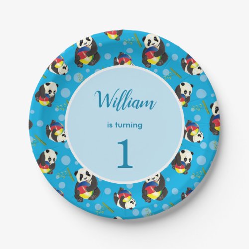 Adorable Panda 1st Birthday Party Blue Polka dots Paper Plates