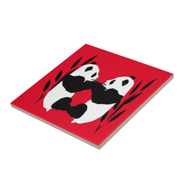 Adorable Panda Bear Animals Red Ceramic Tile