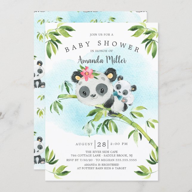 Adorable Panda Bear Boys Baby Shower Invitation (Front/Back)