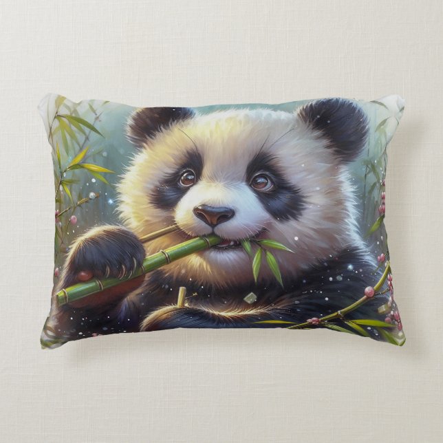 Adorable Panda Bear Eating Bamboo Accent Pillow (Front)