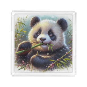 Adorable Panda Bear Eating Bamboo Acrylic Tray