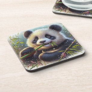 Adorable Panda Bear Eating Bamboo Beverage Coaster