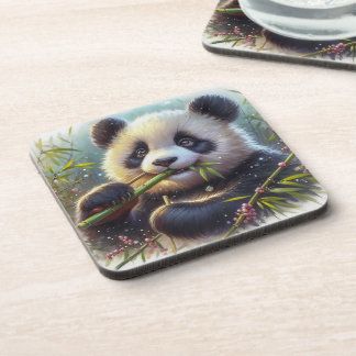 Adorable Panda Bear Eating Bamboo Beverage Coaster