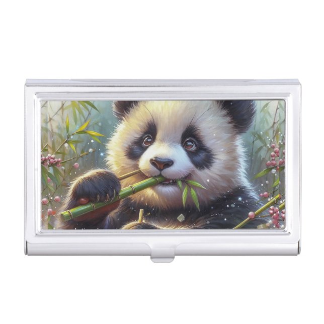 Adorable Panda Bear Eating Bamboo Business Card Case (Front)