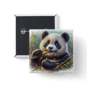 Adorable Panda Bear Eating Bamboo Button