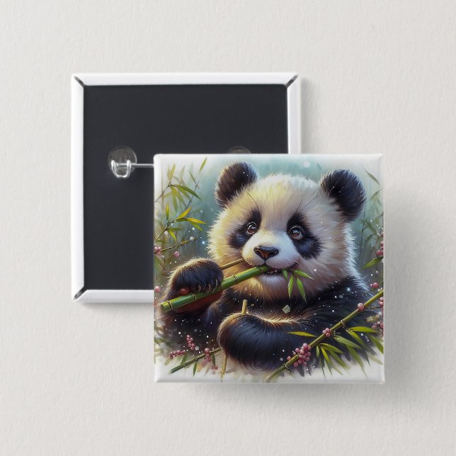 Adorable Panda Bear Eating Bamboo Button (Front & Back)