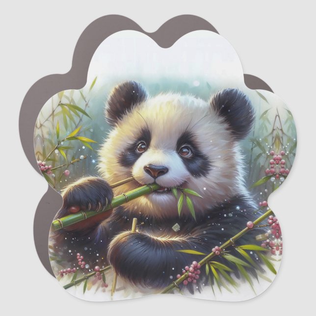 Adorable Panda Bear Eating Bamboo Car Magnet (Front)