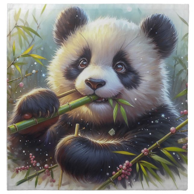 Adorable Panda Bear Eating Bamboo Cloth Napkin (Front)