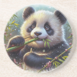 Adorable Panda Bear Eating Bamboo Coaster