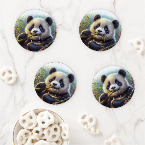 Adorable Panda Bear Eating Bamboo Coaster Set