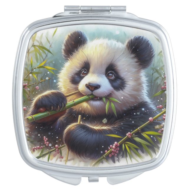 Adorable Panda Bear Eating Bamboo Compact Mirror (Front)