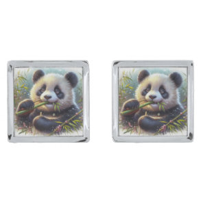 Adorable Panda Bear Eating Bamboo Cufflinks