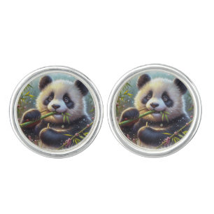 Adorable Panda Bear Eating Bamboo Cufflinks