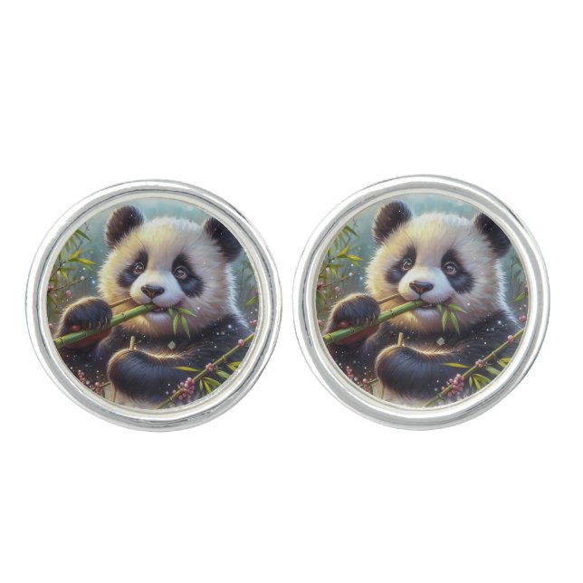 Adorable Panda Bear Eating Bamboo Cufflinks (Front)