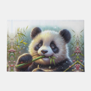 Adorable Panda Bear Eating Bamboo Doormat